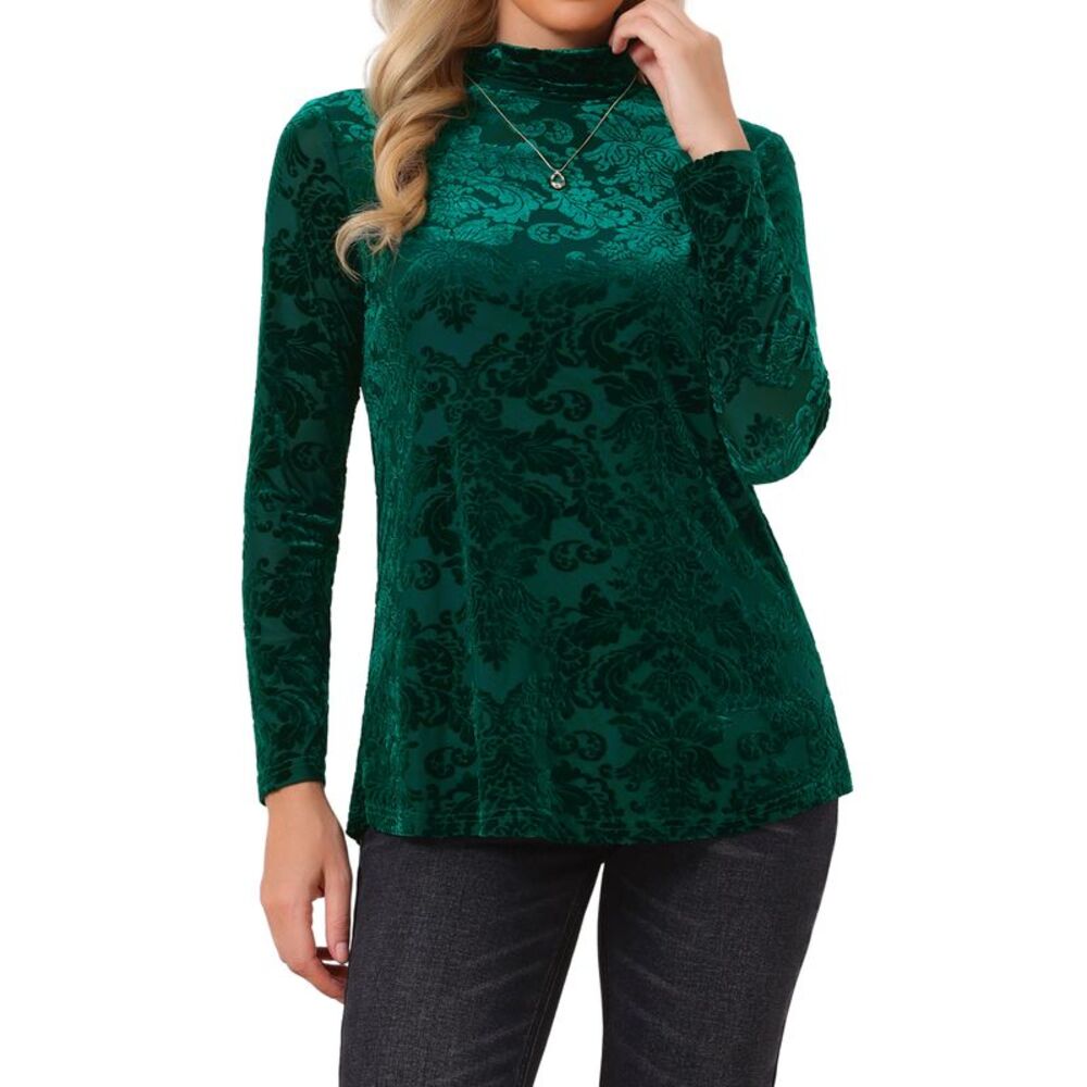 Women's Velvet Burnout Top Turtleneck Sheer Long Sleeve Loose Blouse Green